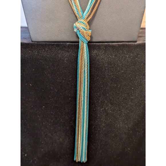 Multi-Blue & Gold Chain Knotted Tassel Long Necklace - Picture 4 of 7
